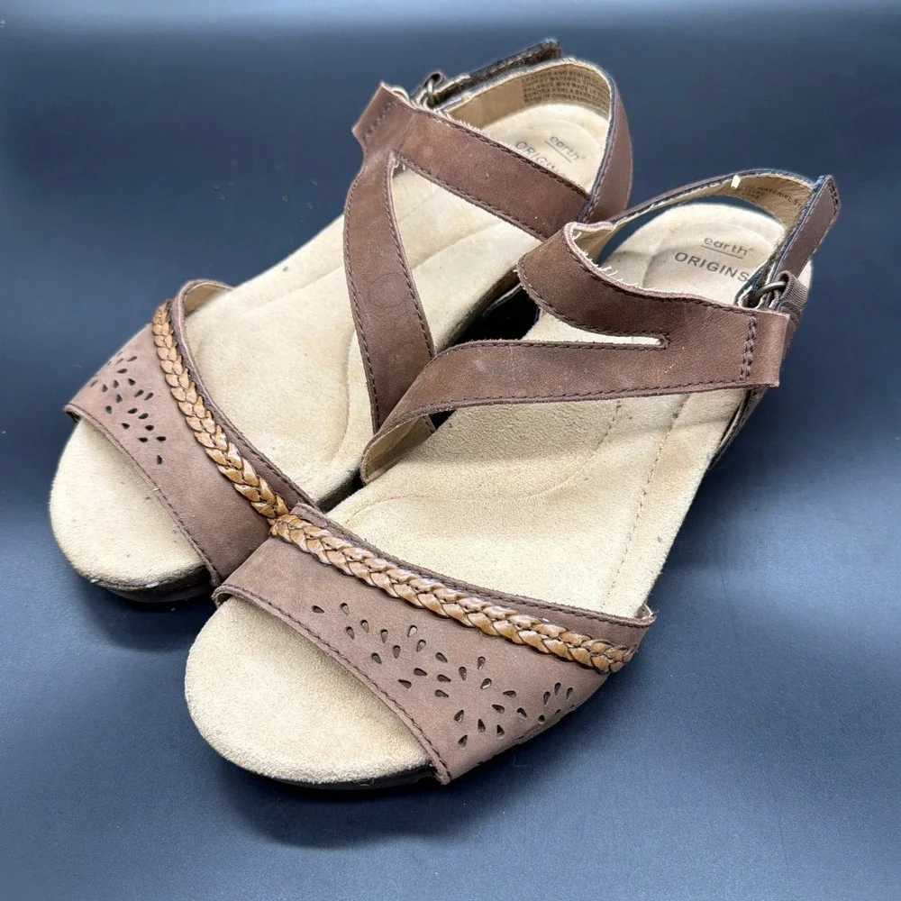 Earth Origins Kendra Karla Bark Brown Leather Wedge Sandals Womens 8.5M 2019S